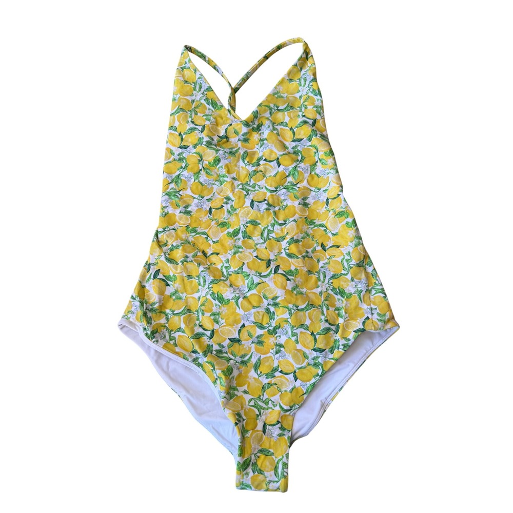 Lemon Print One Piece Swimsuit Yellow White V-Neck Crisscross Back Size M